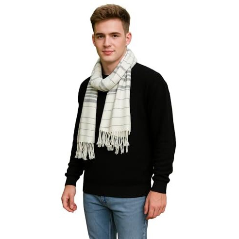 Fwc Fill With Colours Stole/Scarf For Men's/Boys Colour- White Soft Viscose Cotton Blend Ethnic Stripes Pattern Scarves Pack Of 1 St-15