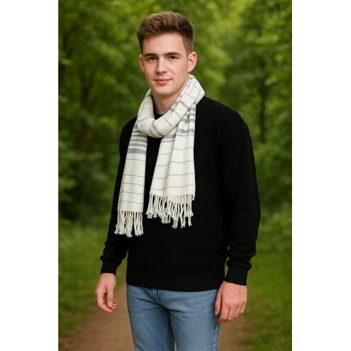 Fwc Fill With Colours Stole/Scarf For Men's/Boys Colour- White Soft Viscose Cotton Blend Ethnic Stripes Pattern Scarves Pack Of 1 St-15