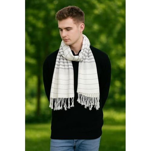 Fwc Fill With Colours Stole/Scarf For Men's/Boys Colour- White Soft Viscose Cotton Blend Ethnic Stripes Pattern Scarves Pack Of 1 St-15