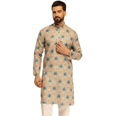 Sojanya (Since 1958 Men's Cotton Linen Motif Bloom Printed Pista Long Kurta