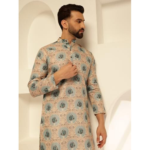 Sojanya (Since 1958 Men's Cotton Linen Motif Bloom Printed Pista Long Kurta