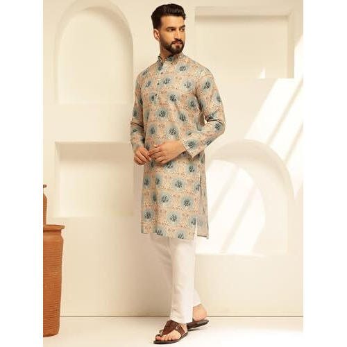 Sojanya (Since 1958 Men's Cotton Linen Motif Bloom Printed Pista Long Kurta