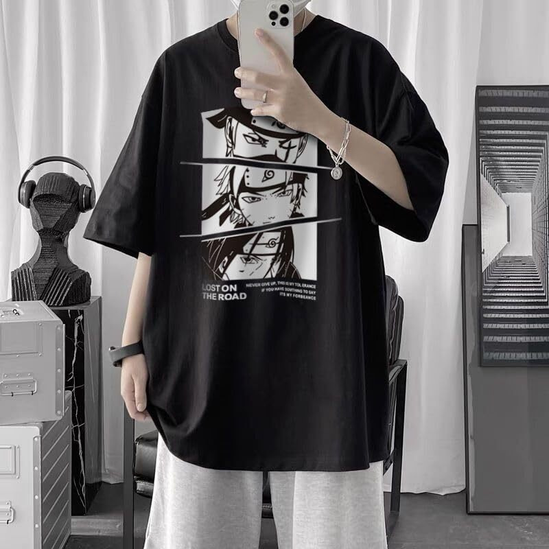 Thalasi Oversized T-Shirt For Men - Round Neck 100% Cotton Luffy &,One Piece And Demon Slayer, Naruto T Shirts - Anime T-Shirts For Men Black