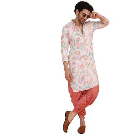 Kisah Men's Kurta Dhoti Set, Multi Cotton Blend, Printed Regular Fit Mandarin Collar Long Sleeves (Medium)