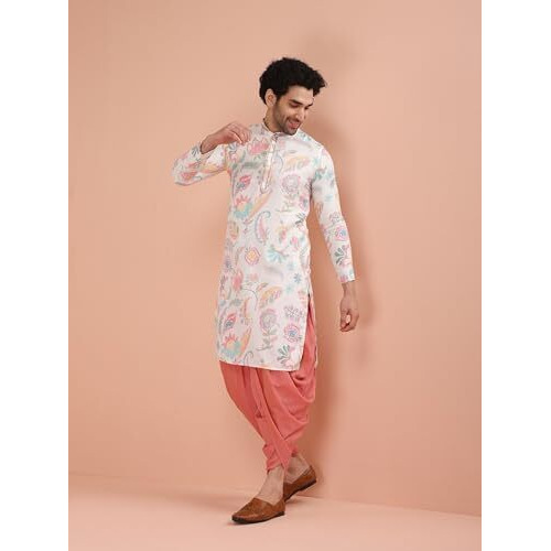 Kisah Men's Kurta Dhoti Set, Multi Cotton Blend, Printed Regular Fit Mandarin Collar Long Sleeves (Medium)