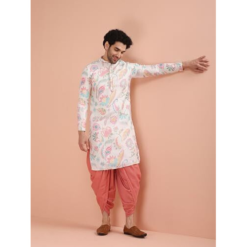 Kisah Men's Kurta Dhoti Set, Multi Cotton Blend, Printed Regular Fit Mandarin Collar Long Sleeves (Medium)