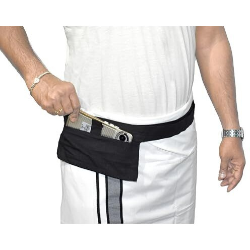 Tuni Mani Men's Apparel/Dhoti Belt With Welcro Sticker With Pocket/Pouch, 1.4Meter X 1.5Inches (Pack Of 2) (Black & White)