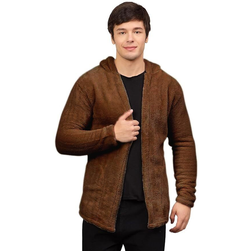 Ben Martin Men's Hooded Cardigan Full Sleeve Fleece Brown Shawl Collar Shrug Open Front Drape Cape Overcoat With Pockets Size Extra Large