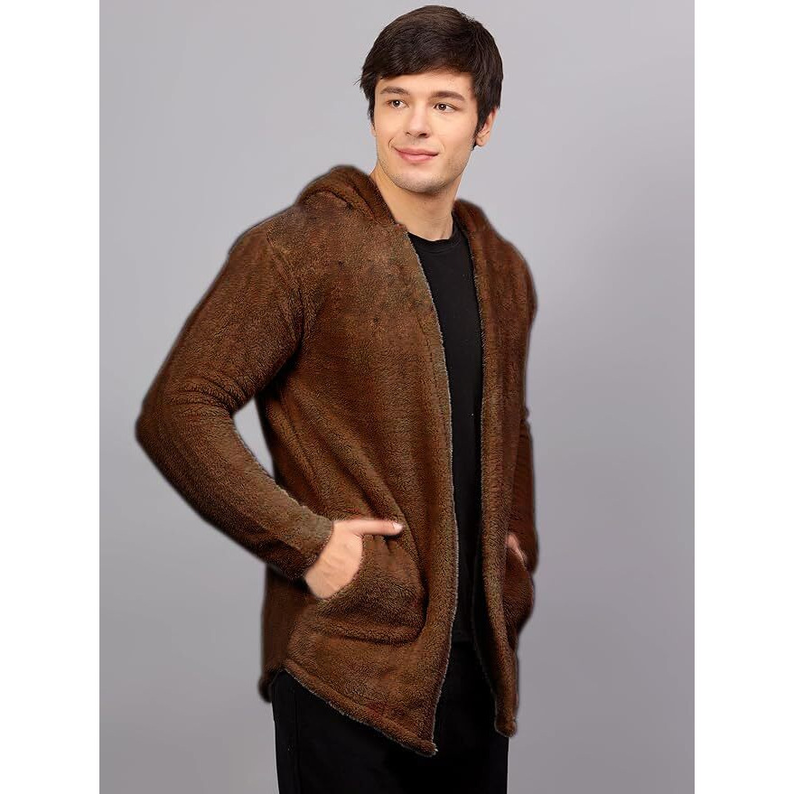Ben Martin Men's Hooded Cardigan Full Sleeve Fleece Brown Shawl Collar Shrug Open Front Drape Cape Overcoat With Pockets Size Extra Large