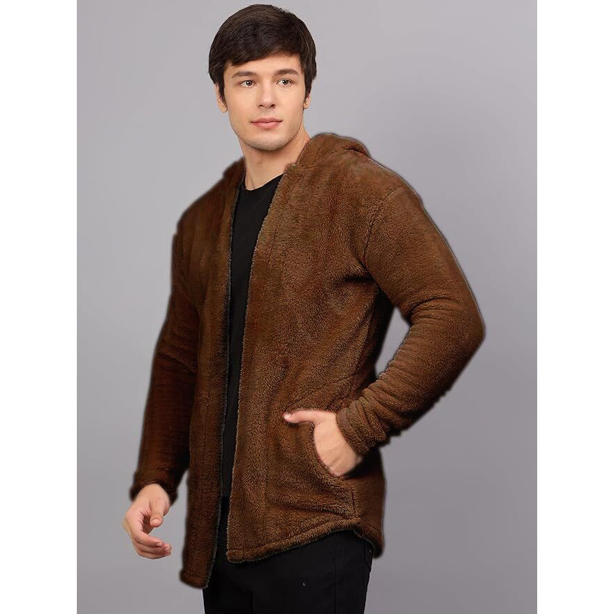 Ben Martin Men's Hooded Cardigan Full Sleeve Fleece Brown Shawl Collar Shrug Open Front Drape Cape Overcoat With Pockets Size Extra Large