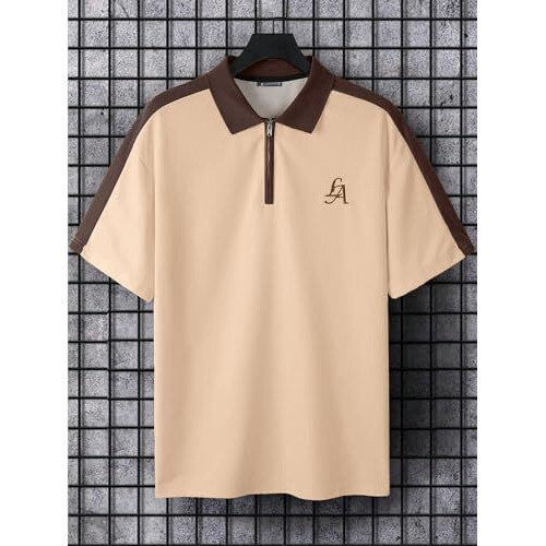 Jump Cuts Mens La Printed Polo Neck Half Sleeve Beige And Brown Cottonblend T-Shirt