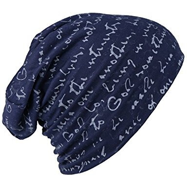 Isweven Men's Beanies Cotton Slouchy Skull Summer Blended Free Size Blue Beanie Cap For Men Women Boys (7013B-White Text)