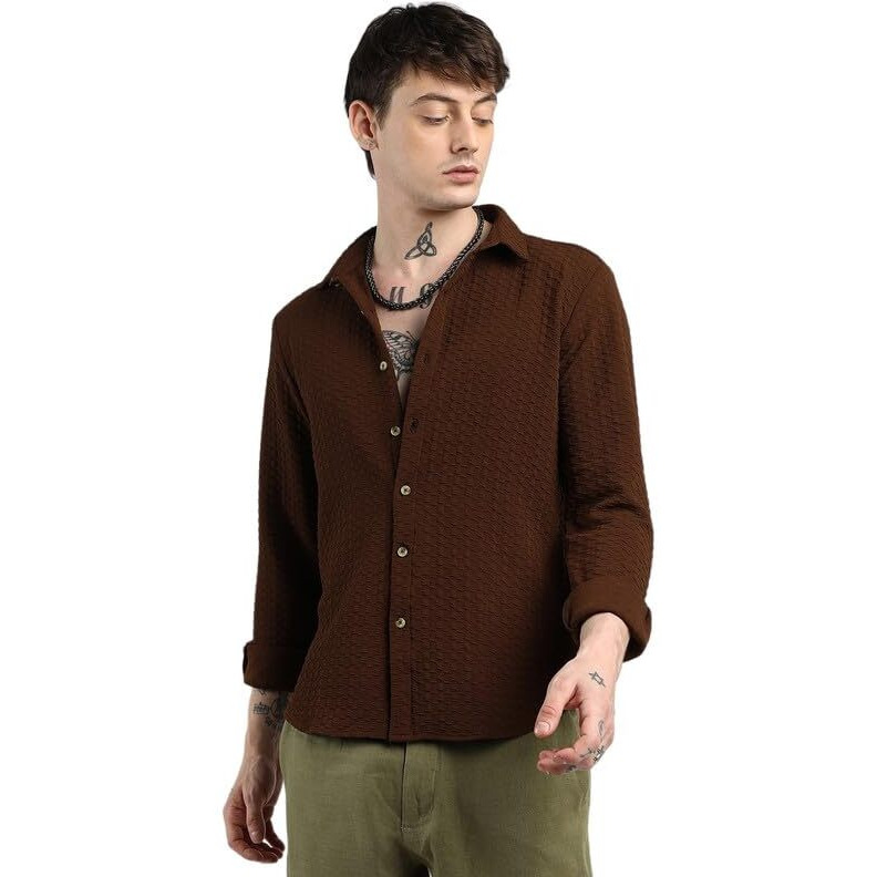 Campus Sutra Men's Chocolate Brown Ripple Box Shirt For Casual Wear | Spread Collar | Long Sleeve | Button Closure | Shirt Crafted With Comfort Fit For Everyday Wear
