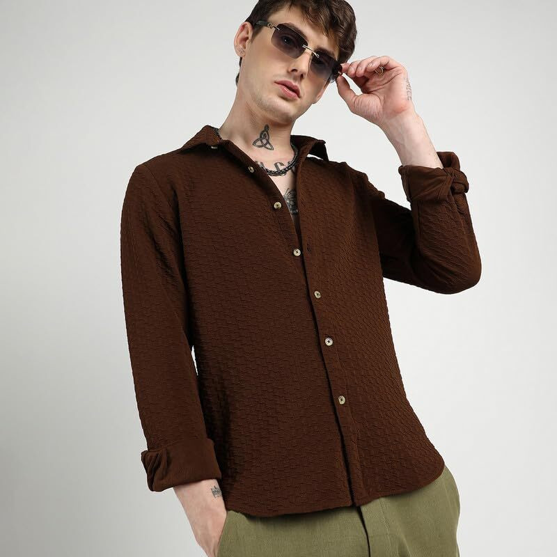 Campus Sutra Men's Chocolate Brown Ripple Box Shirt For Casual Wear | Spread Collar | Long Sleeve | Button Closure | Shirt Crafted With Comfort Fit For Everyday Wear