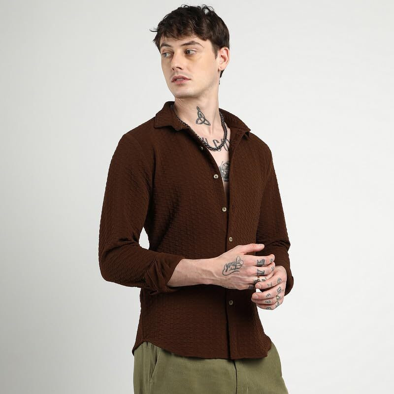 Campus Sutra Men's Chocolate Brown Ripple Box Shirt For Casual Wear | Spread Collar | Long Sleeve | Button Closure | Shirt Crafted With Comfort Fit For Everyday Wear