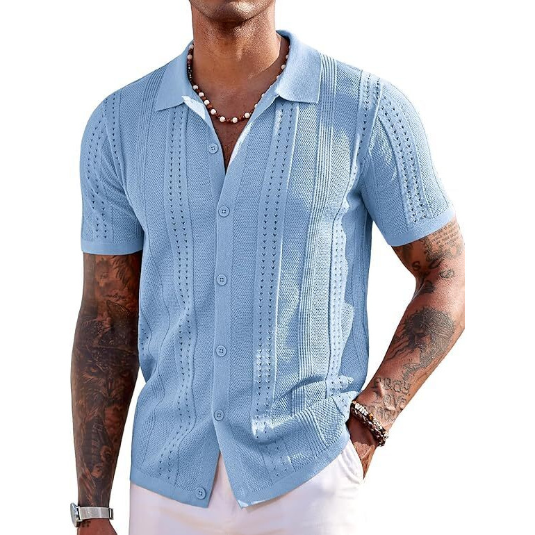 Kvetoo Men 100% Cotton Knitted Half Sleeve Solid Shirt For Men Sky Blue Size L