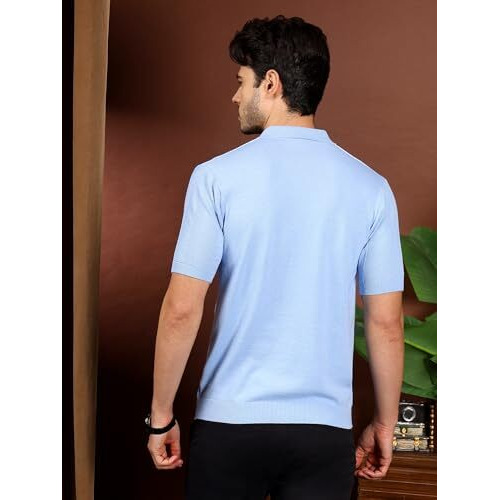 Kvetoo Men 100% Cotton Knitted Half Sleeve Solid Shirt For Men Sky Blue Size L