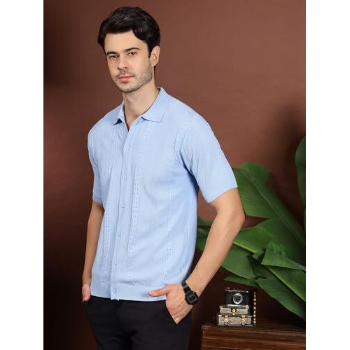 Kvetoo Men 100% Cotton Knitted Half Sleeve Solid Shirt For Men Sky Blue Size L