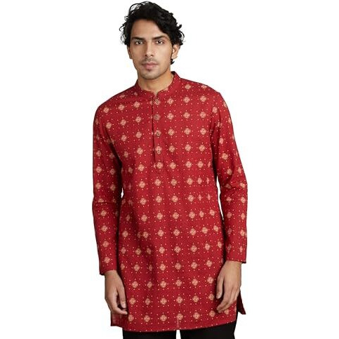 Amazon Brand - Symbol Men's Cotton Men's Mid Length Regular Fit Kurta Red Large