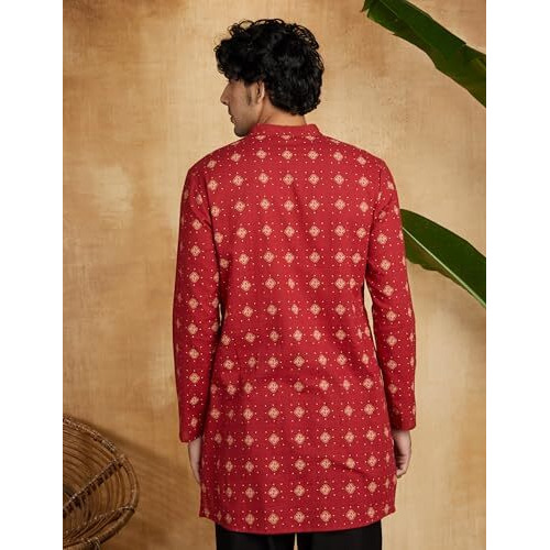 Amazon Brand - Symbol Men's Cotton Men's Mid Length Regular Fit Kurta Red Large