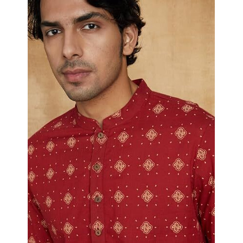 Amazon Brand - Symbol Men's Cotton Men's Mid Length Regular Fit Kurta Red Large