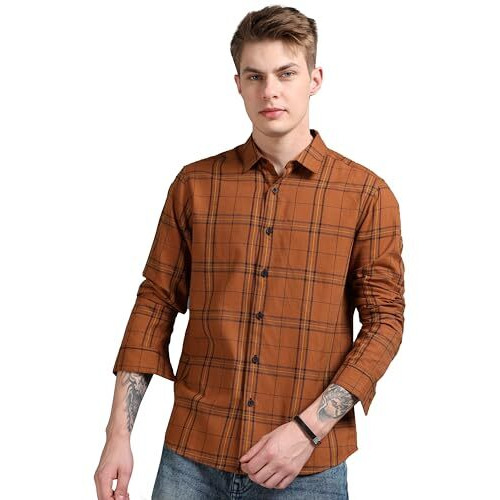 Stitchx Men's Full Sleeve Checkered Casual Shirt Rust Blue L