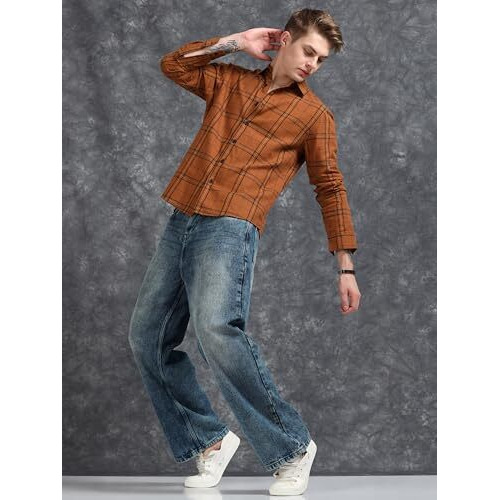 Stitchx Men's Full Sleeve Checkered Casual Shirt Rust Blue L