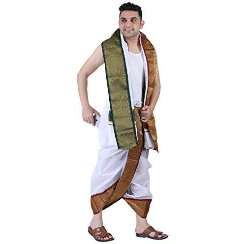 Prakasam Cotton Men's Asha Silk Panjakejam Stitched Dhoti Towel Set With Pocket (White, Free Size)