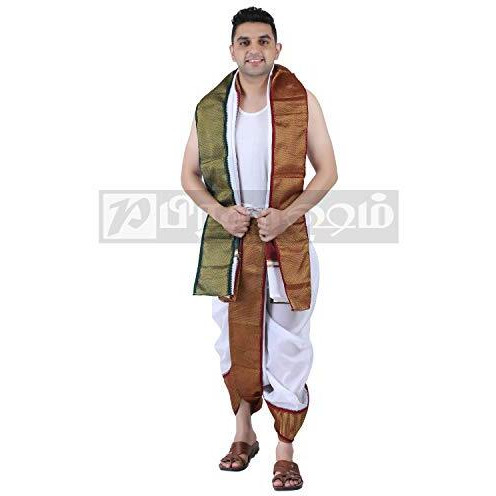 Prakasam Cotton Men's Asha Silk Panjakejam Stitched Dhoti Towel Set With Pocket (White, Free Size)