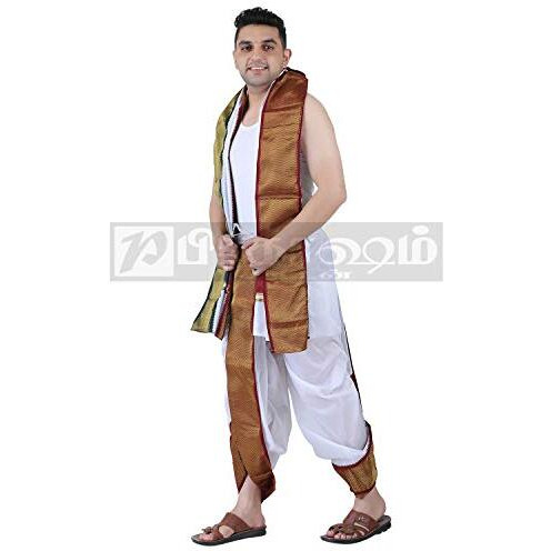 Prakasam Cotton Men's Asha Silk Panjakejam Stitched Dhoti Towel Set With Pocket (White, Free Size)