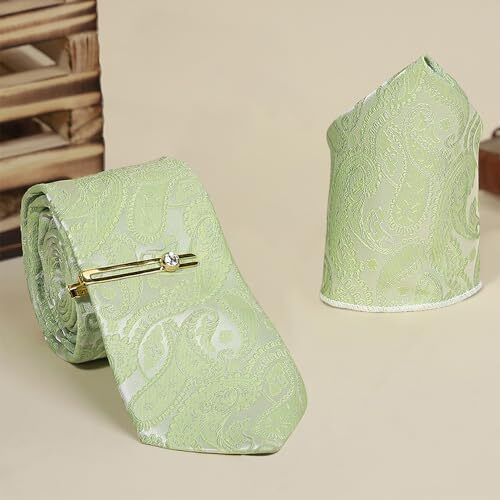 Louis Stitch Mens Green Italian Silk Necktie Set Incl Pocket Square Golden Tiepin American Style Formal Tie Gift Set For Men (Tegp-Gr05_)