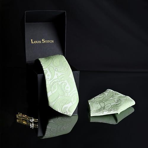 Louis Stitch Mens Green Italian Silk Necktie Set Incl Pocket Square Golden Tiepin American Style Formal Tie Gift Set For Men (Tegp-Gr05_)