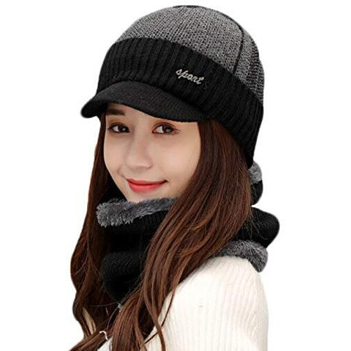 Alexvyan 1 Set Hat Style Soft Cap And Scarf Warm Snow And Air Proof Fleece Knitted Hat (Inside Fur) Woolen Beanie Winter Cap With Scarf For Men Boy Male (Black)