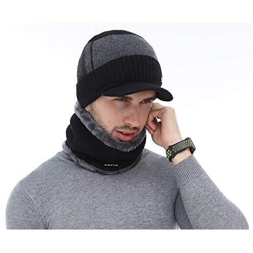 Alexvyan 1 Set Hat Style Soft Cap And Scarf Warm Snow And Air Proof Fleece Knitted Hat (Inside Fur) Woolen Beanie Winter Cap With Scarf For Men Boy Male (Black)