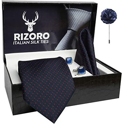 Rizoro Mens Plaid Dotted Silk Necktie Gift Set With Pocket Square Cufflinks & Brooch Pin Formal Tie With Leatherite Box (Blue-Red D1Brrx Free Size)