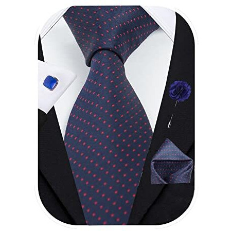 Rizoro Mens Plaid Dotted Silk Necktie Gift Set With Pocket Square Cufflinks & Brooch Pin Formal Tie With Leatherite Box (Blue-Red D1Brrx Free Size)