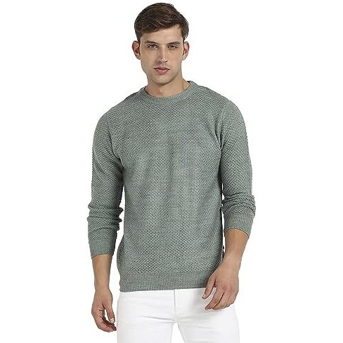 Campus Sutra Men's Sage Green Textured Knit Pullover Sweater For Casual Wear | Crew Neck | Long Sleeve | Pull On Closure | Cotton Sweater Crafted With Comfort Fit For Regular Wear
