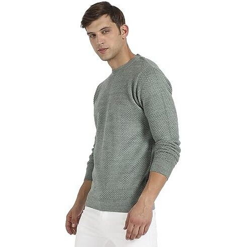 Campus Sutra Men's Sage Green Textured Knit Pullover Sweater For Casual Wear | Crew Neck | Long Sleeve | Pull On Closure | Cotton Sweater Crafted With Comfort Fit For Regular Wear