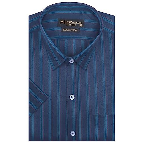 Accox Men's Cotton Half Sleeves Dark Striped Regular Fit Formal Shirt For Men(C_Gcr148_42) Blue-Blue