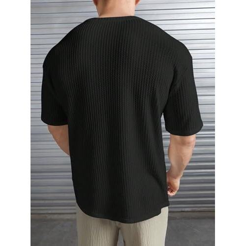 Fashfeed Mens Solid Dotted Unique Design Oversized Tshirt For Men - Round Neck Loose Fit Drop Shoulder Mens T-Shirt Black