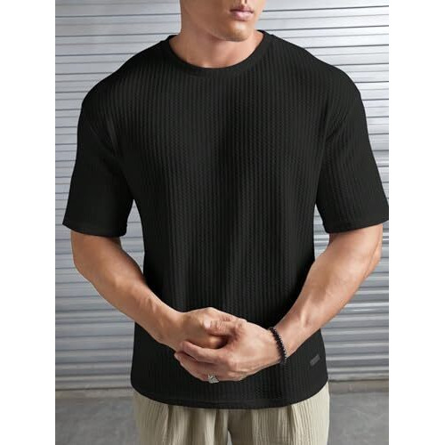 Fashfeed Mens Solid Dotted Unique Design Oversized Tshirt For Men - Round Neck Loose Fit Drop Shoulder Mens T-Shirt Black