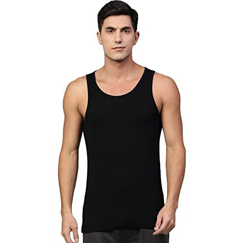 Heelium Bamboo Vest For Men, Super Soft, Odour Free, Comfort Fit Innerwear Vest - Regular Fit, Black, Large