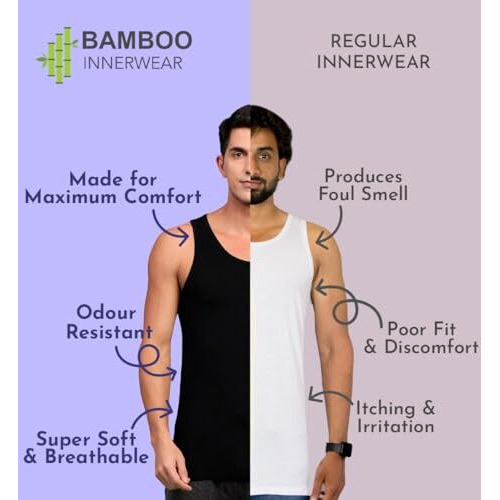 Heelium Bamboo Vest For Men, Super Soft, Odour Free, Comfort Fit Innerwear Vest - Regular Fit, Black, Large