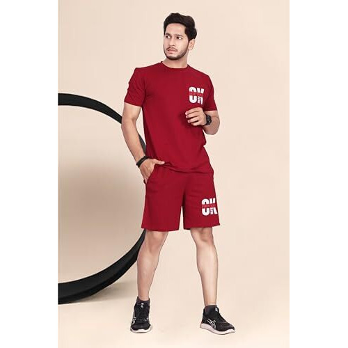 Baghadbillo Men's Cotton Printed Night Suit Set - Top & Shorts Pyjama Set - T-Shirt And Shorts Night Wear - Maroon