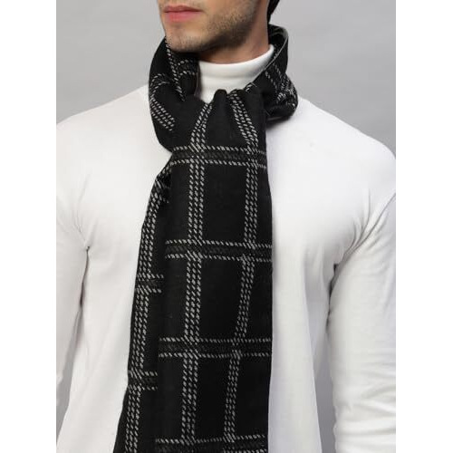 Ravaiyaa - Attitude Is Everything Men's Reversible Checks Pattern Winter Wool Scarf, Muffler 72&quotX12" Inch (Black)