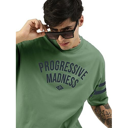 Maniac Mens Printed Round Neck Half Sleeve Hunter Green And Navy Cotton Oversized T-Shirt