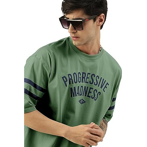 Maniac Mens Printed Round Neck Half Sleeve Hunter Green And Navy Cotton Oversized T-Shirt