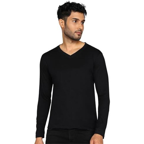 Fleximaa Men's Cotton Plain V Neck Full Sleeve Black Color T-Shirt M Size