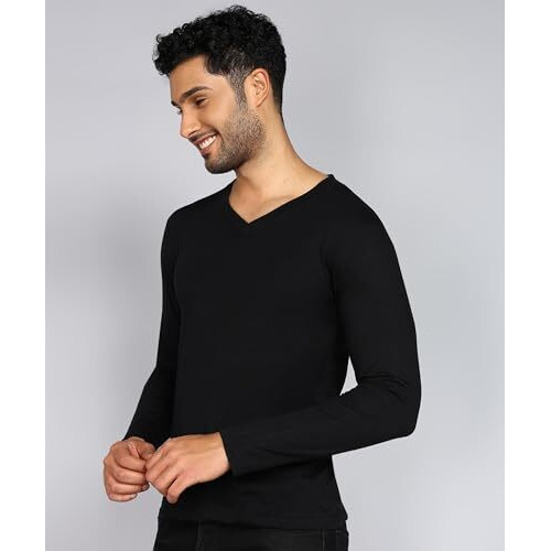 Fleximaa Men's Cotton Plain V Neck Full Sleeve Black Color T-Shirt M Size