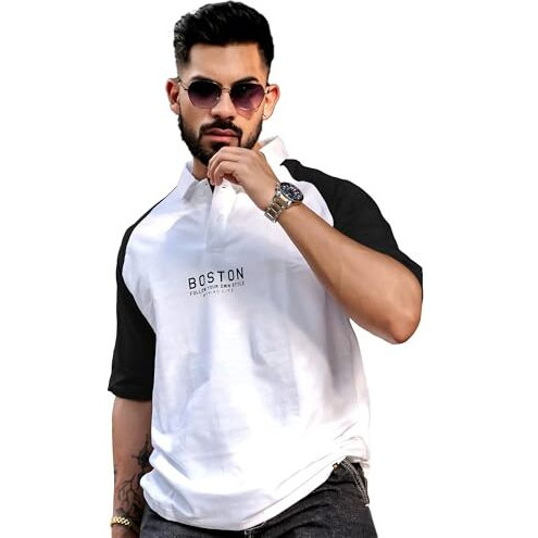 Maniac Mens Printed Raglan Polo Neck Half Sleeve White And Black Cotton Oversized T-Shirt